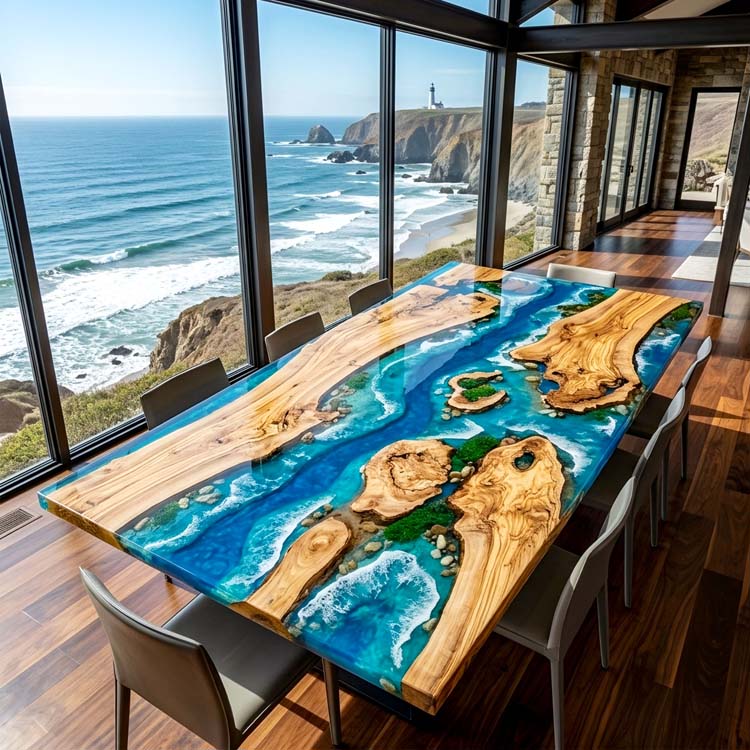 Ocean Epoxy Table Olive Wood Archipelago Blue Rectangular Straight Edge Dining Table ECT - 318 - Elitecustomtable