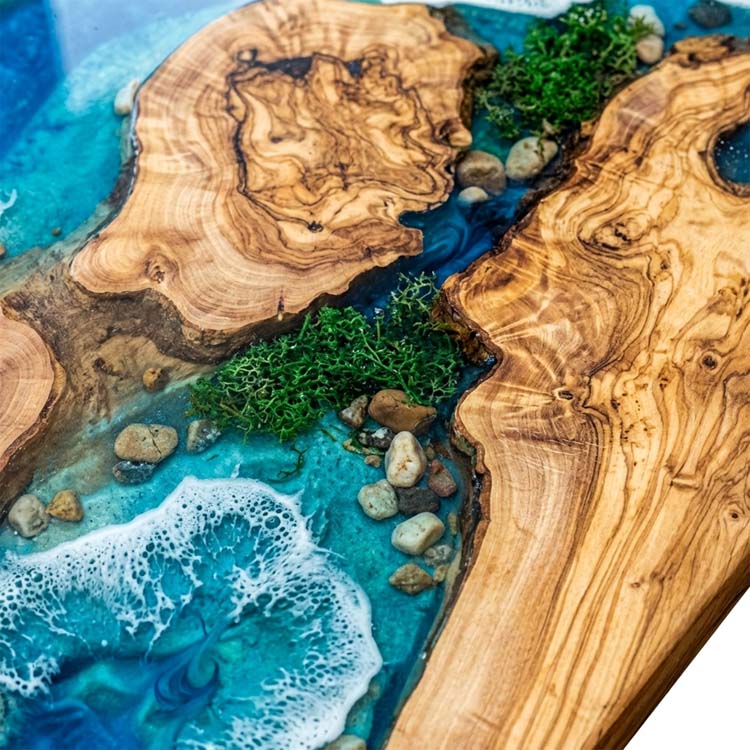 Ocean Epoxy Table Olive Wood Archipelago Blue Rectangular Straight Edge Dining Table ECT - 318 - Elitecustomtable
