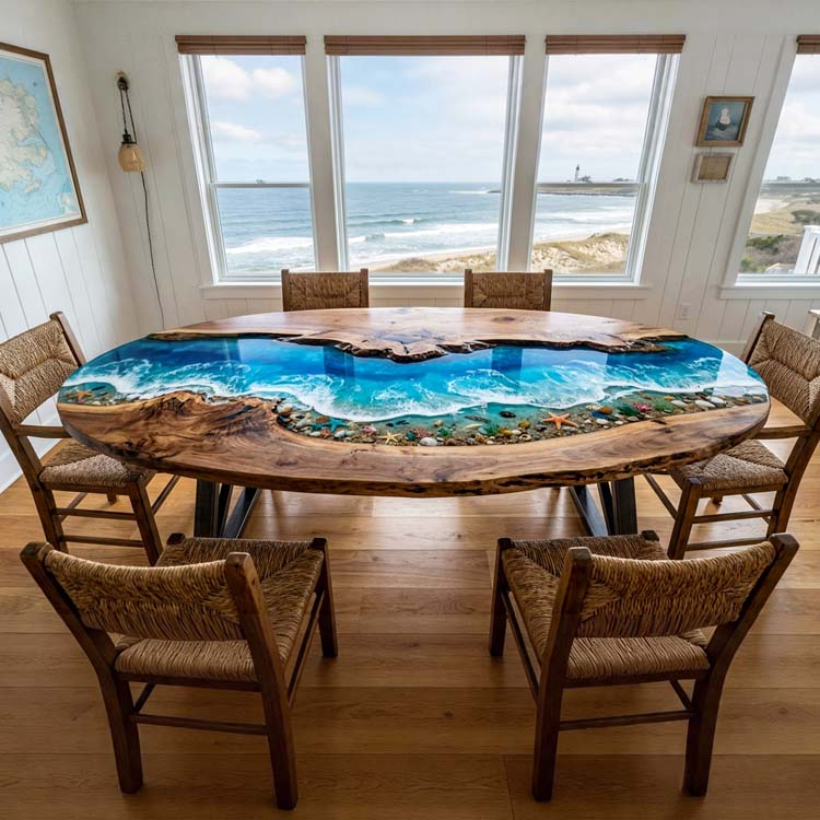 Ocean Epoxy Table Walnut Azure Ocean Blue Oval Straight Edge Beach Dining Table ECT - 313 - Elitecustomtable