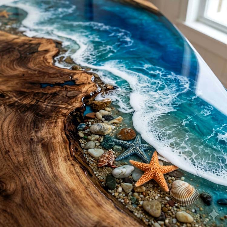 Ocean Epoxy Table Walnut Azure Ocean Blue Oval Straight Edge Beach Dining Table ECT - 313 - Elitecustomtable