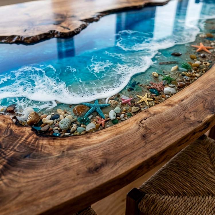 Ocean Epoxy Table Walnut Azure Ocean Blue Oval Straight Edge Beach Dining Table ECT - 313 - Elitecustomtable