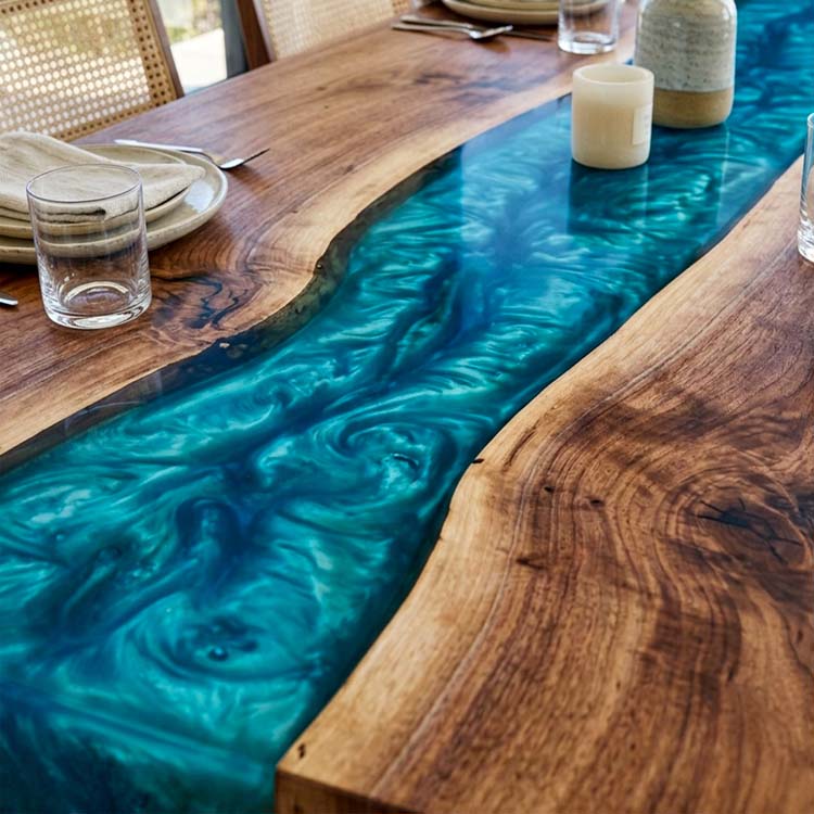 Ocean Epoxy Table Walnut Ocean Teal Pearl Rectangular Straight Edge Waterfall Dining Table ECT - 312 - Elitecustomtable