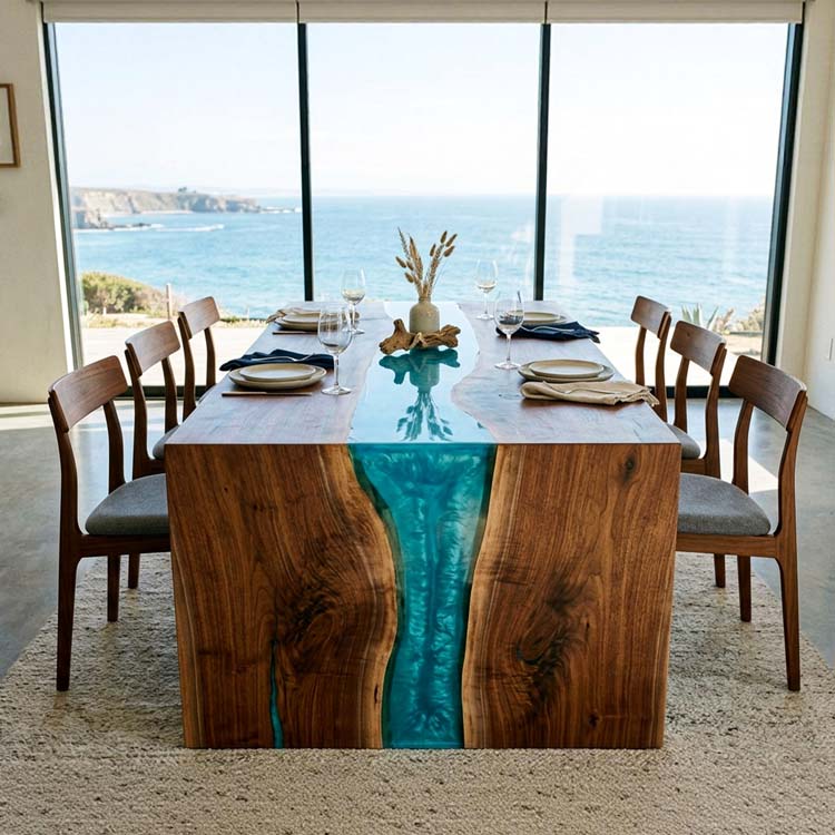 Ocean Epoxy Table Walnut Ocean Teal Pearl Rectangular Straight Edge Waterfall Dining Table ECT - 312 - Elitecustomtable