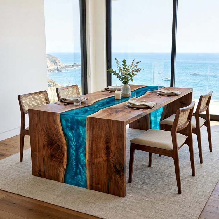 Ocean Epoxy Table Walnut Ocean Teal Pearl Rectangular Straight Edge Waterfall Dining Table ECT - 312 - Elitecustomtable