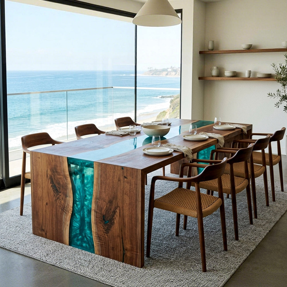 Ocean Epoxy Table Walnut Ocean Teal Pearl Rectangular Straight Edge Waterfall Dining Table ECT - 312 - Elitecustomtable