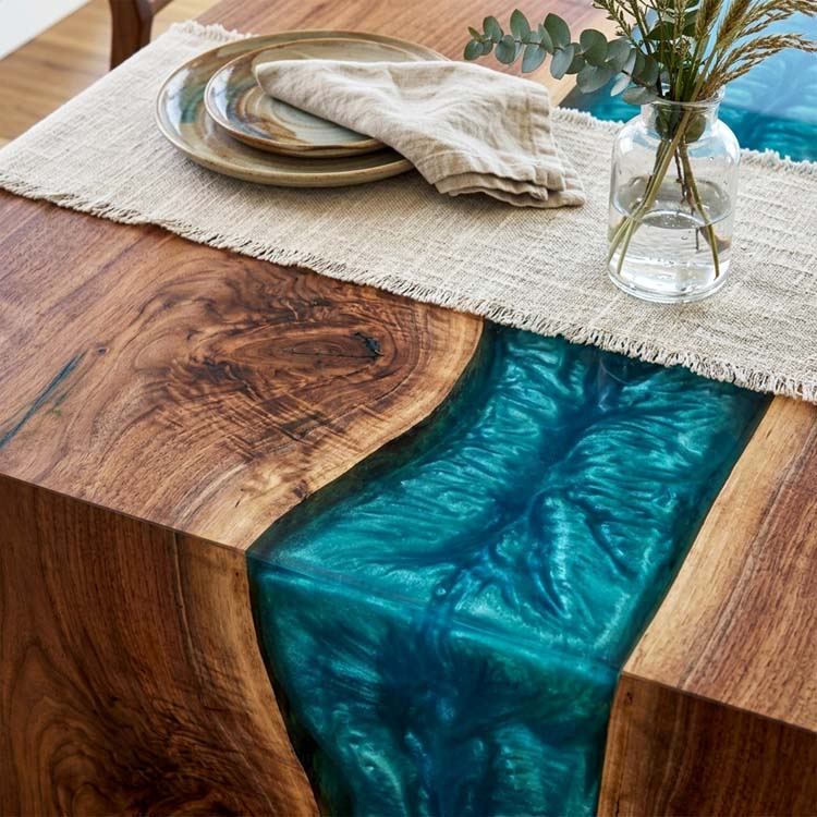 Ocean Epoxy Table Walnut Ocean Teal Pearl Rectangular Straight Edge Waterfall Dining Table ECT - 312 - Elitecustomtable