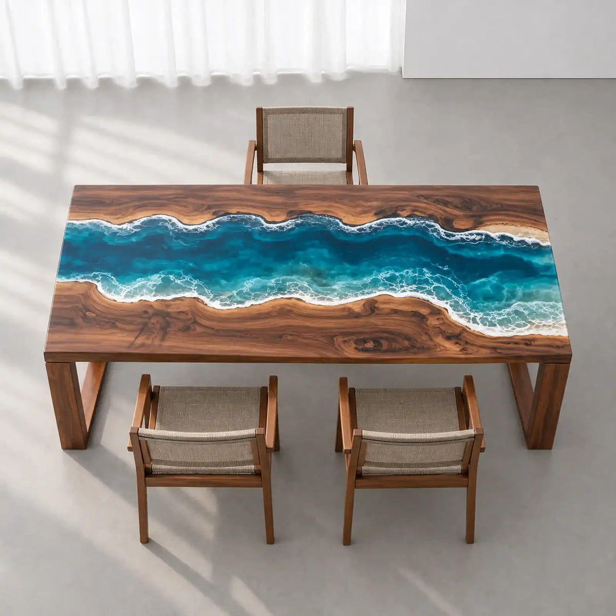 Live edge black walnut dining table showcasing turquoise blue resin waves, organic wood contours, and a stunning coastal-inspired design