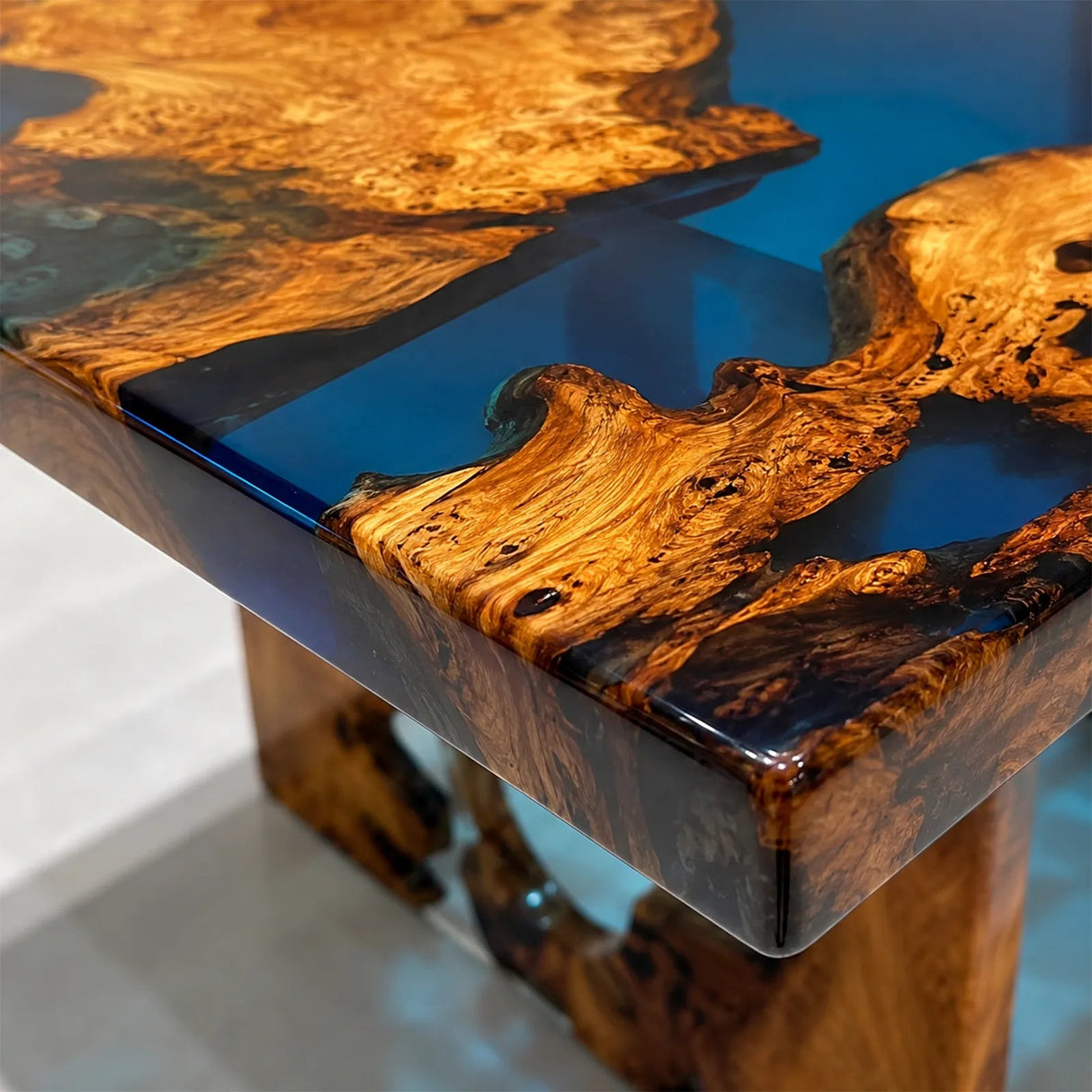 Olive Wood Blue Epoxy Resin Dining Table Straight Edge | ECT-381 - Elitecustomtable