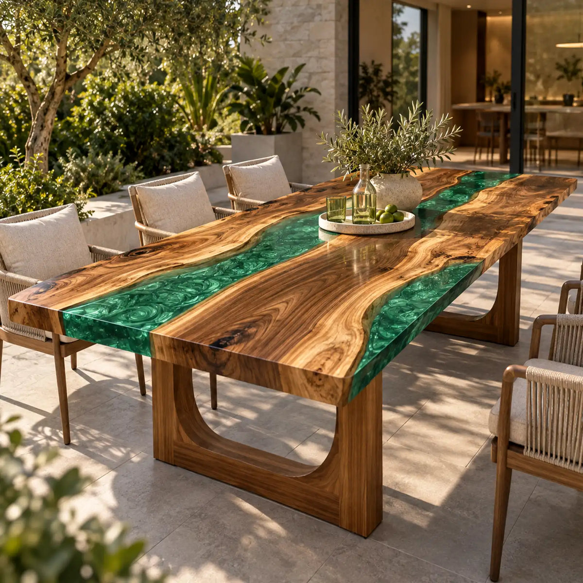 Custom Walnut Green Epoxy Resin Patio Dining Table | ECT-414