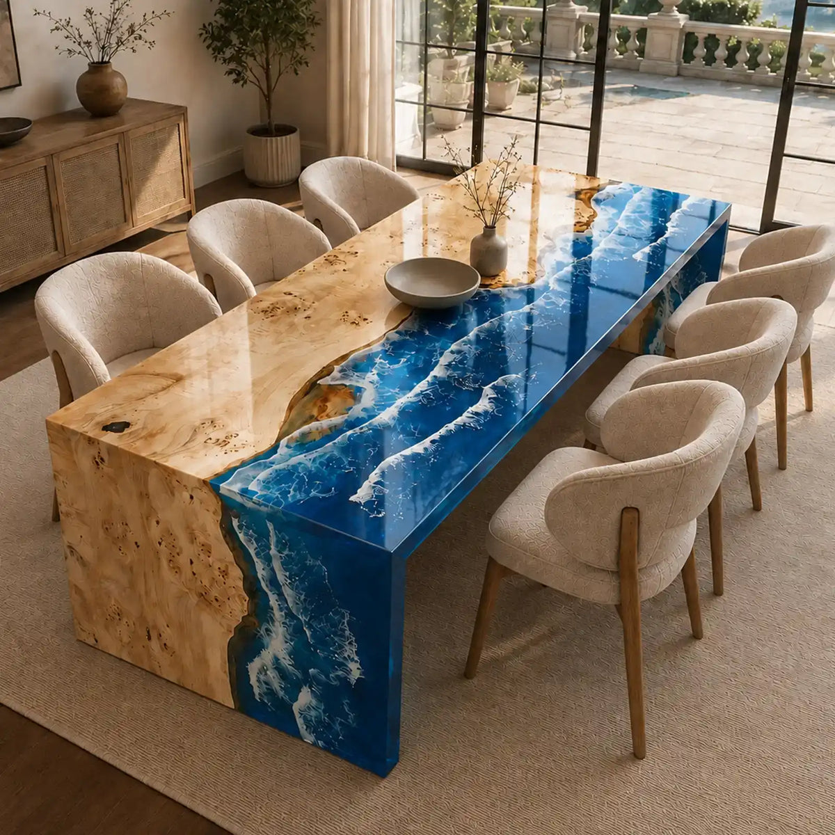 Handcrafted poplar wood dining table featuring vibrant ocean blue epoxy resin, realistic white wave patterns, and a stunning high-gloss finish