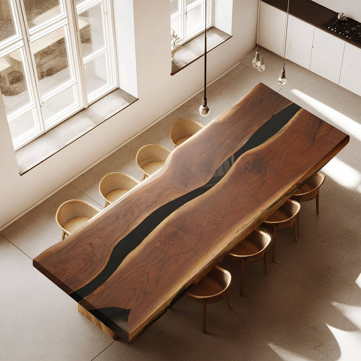 A Live Edge dining table crafted from high quality wood, featuring a sleek black epoxy resin inlay