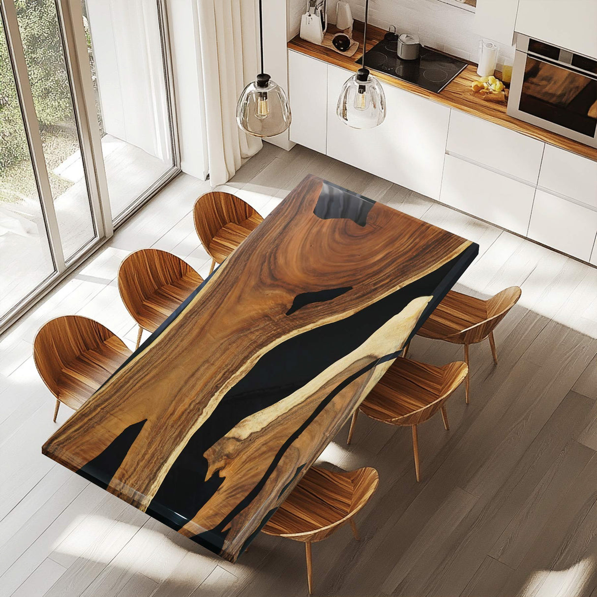 A resin table with striking walnut wood and black resin inlays