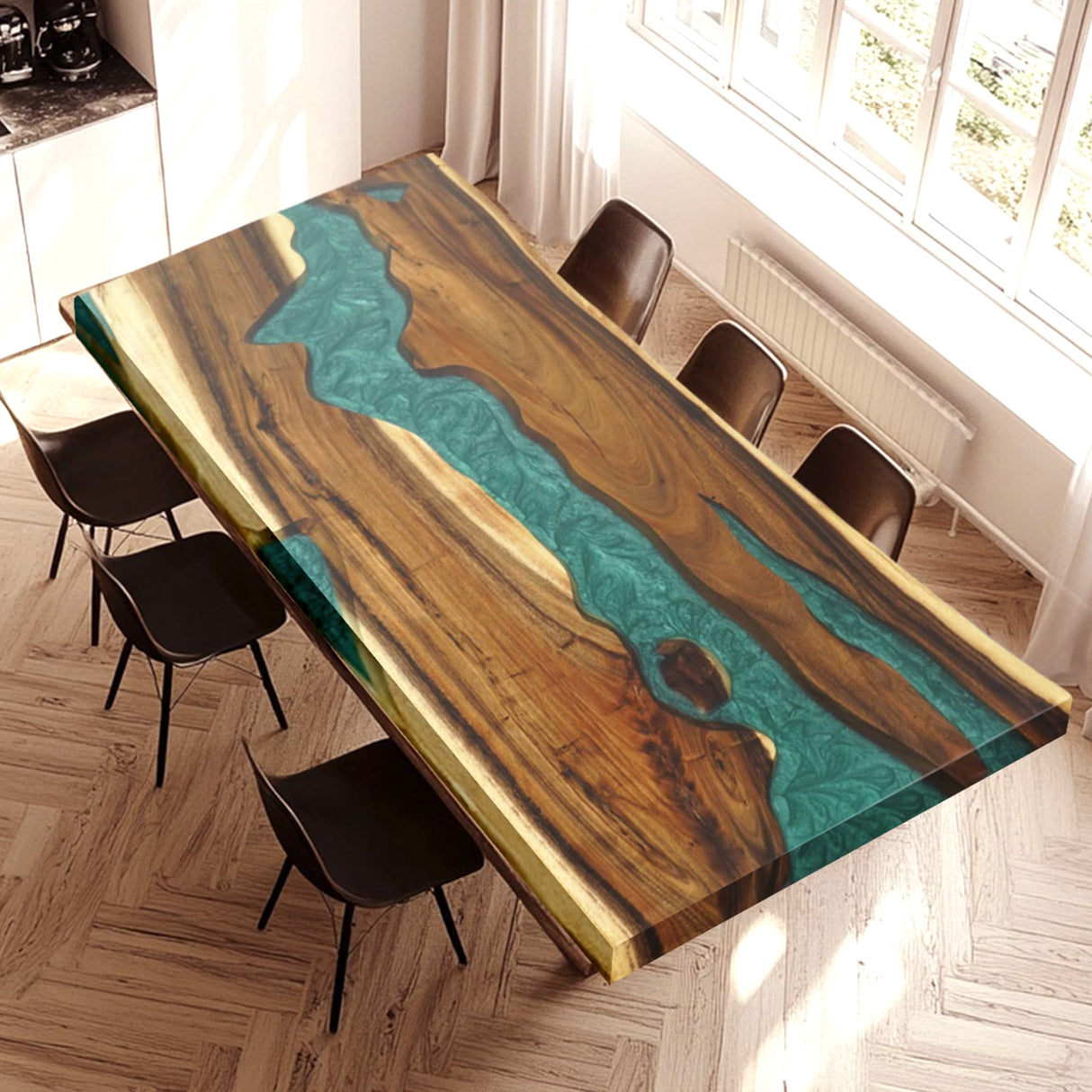 A resin table showcasing walnut wood and a striking teal resin inlay