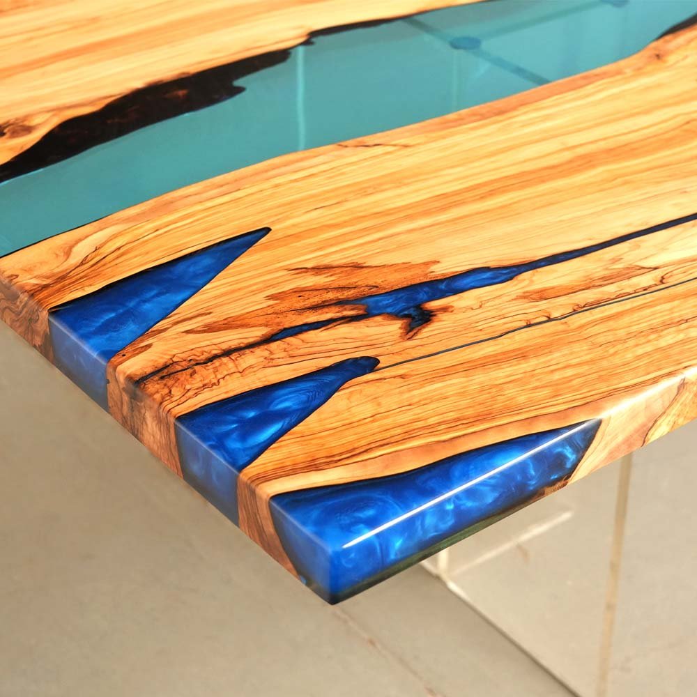 RiverFlow Walnut Wood & Transparent Blue Epoxy Dining Table ECT - 125 - Elitecustomtable