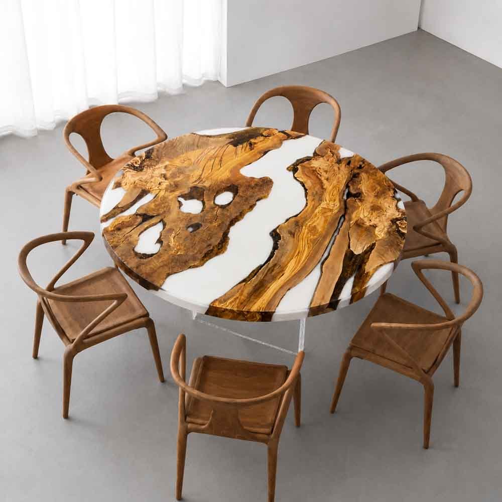 Round Epoxy Table Olive Wood Pearl White Round Straight Edge Dining Table ECT-303 - Elitecustomtable