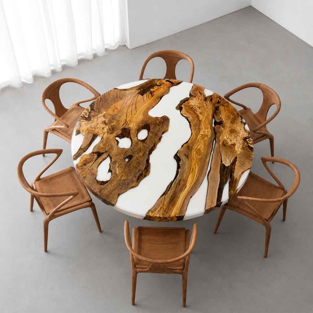 Round Epoxy Table Olive Wood Pearl White Round Straight Edge Dining Table ECT-303 - Elitecustomtable