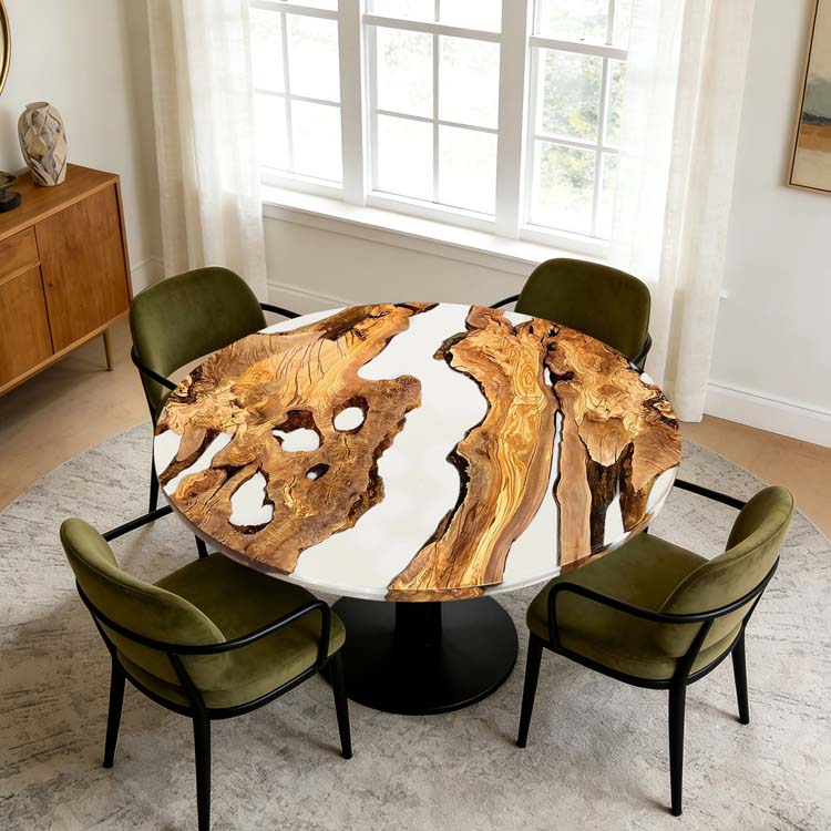 Round Epoxy Table Olive Wood Pearl White Round Straight Edge Dining Table ECT - 303 - Elitecustomtable