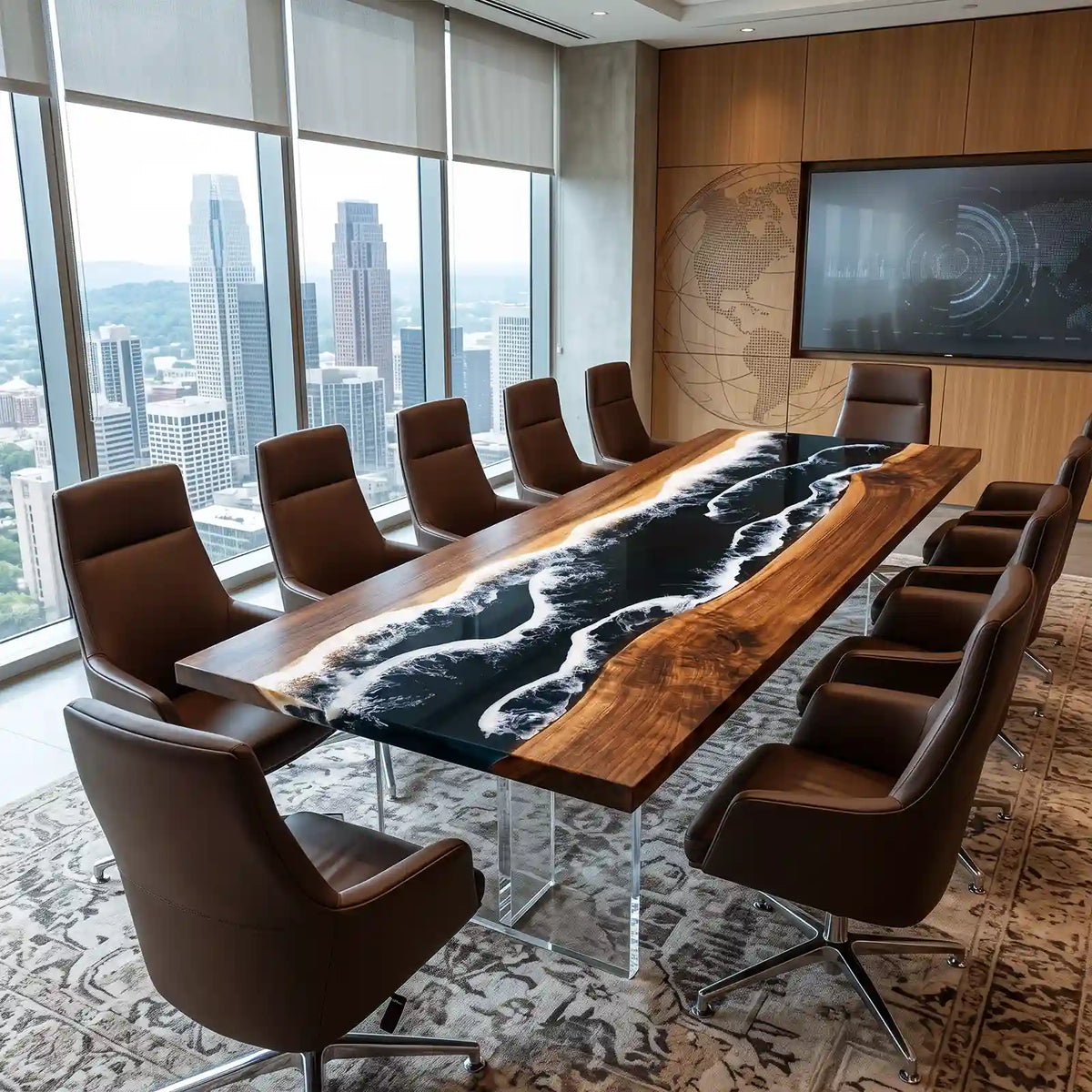 Handcrafted walnut wood conference table featuring deep black ocean wave epoxy resin, rich natural wood grain, and a glossy finish