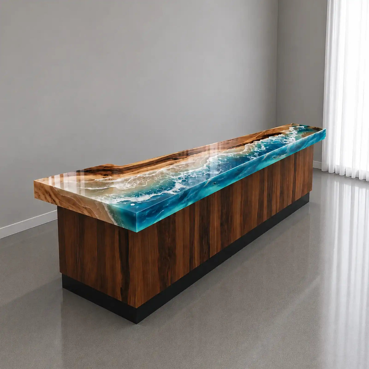 Handcrafted walnut wood reception desk featuring vibrant turquoise blue ocean wave epoxy resin, rich natural wood grain, and a glossy finish