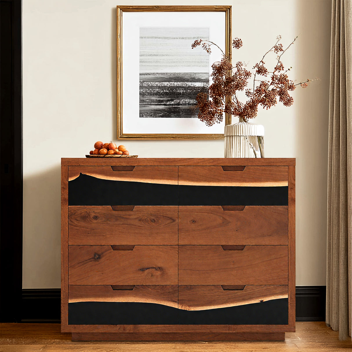 Front view of walnut epoxy resin dresser with 6 drawers