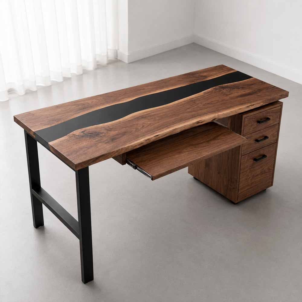 Walnut Executive Office Desk with Black Epoxy Resin Inlay and Storage Cabinet | ECT-358 - Elitecustomtable