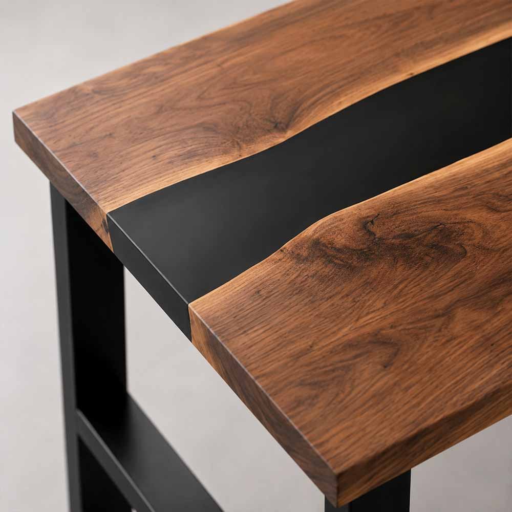 Walnut Executive Office Desk with Black Epoxy Resin Inlay and Storage Cabinet | ECT-358 - Elitecustomtable