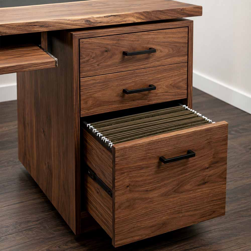 Walnut Executive Office Desk with Black Epoxy Resin Inlay and Storage Cabinet | ECT-358 - Elitecustomtable