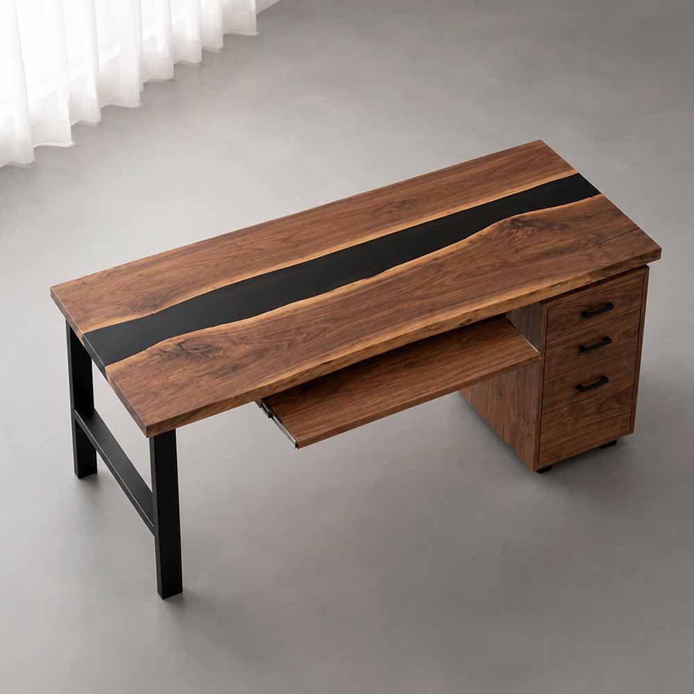 Walnut Executive Office Desk with Black Epoxy Resin Inlay and Storage Cabinet | ECT-358 - Elitecustomtable