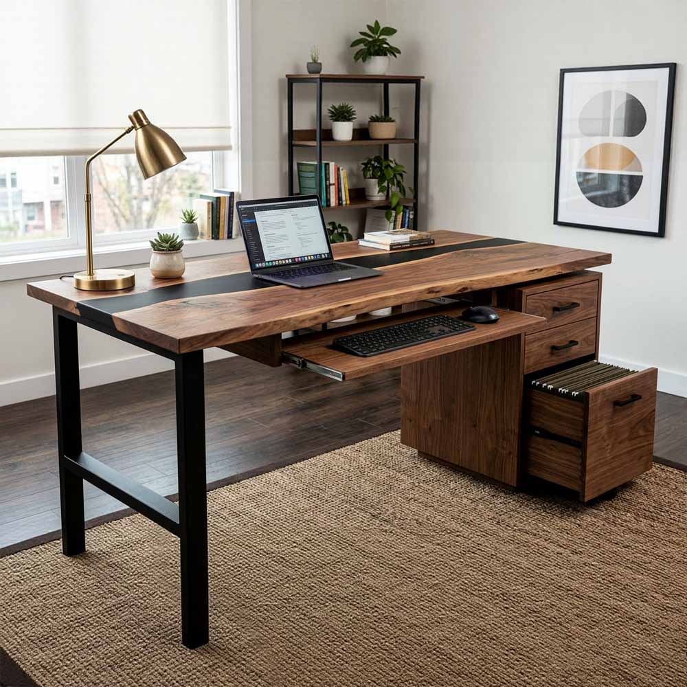 Walnut Executive Office Desk with Black Epoxy Resin Inlay and Storage Cabinet | ECT-358 - Elitecustomtable
