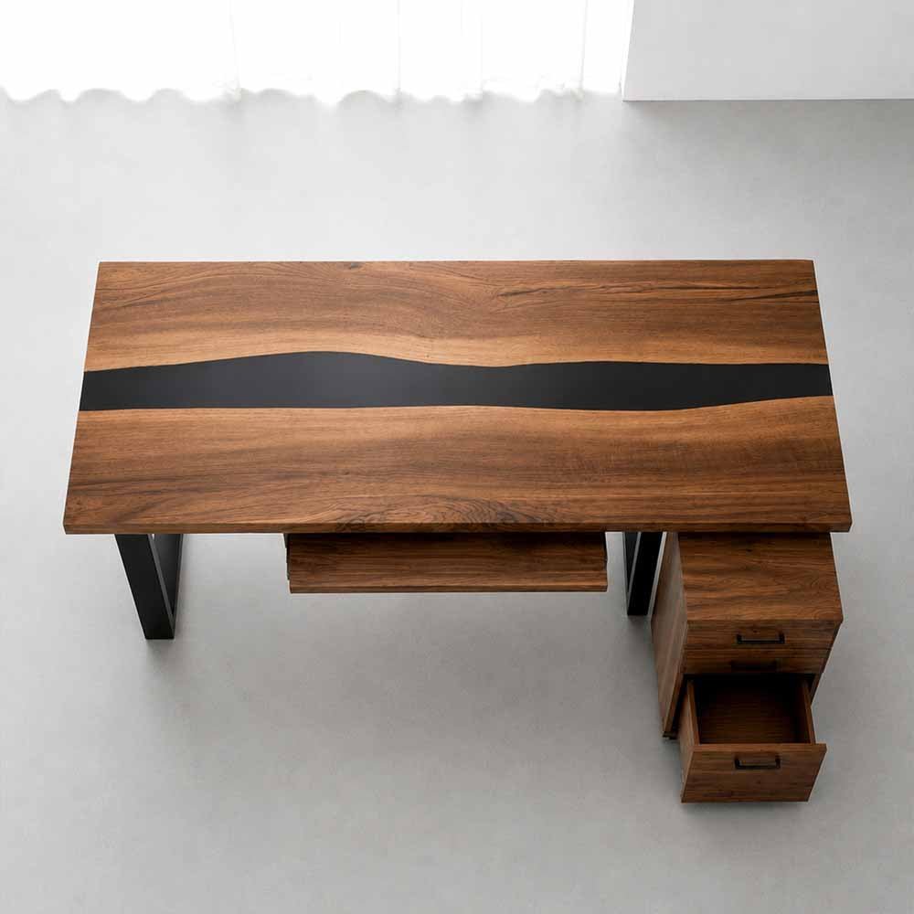 Walnut Executive Office Desk with Black Epoxy Resin Inlay | ECT-359 - Elitecustomtable