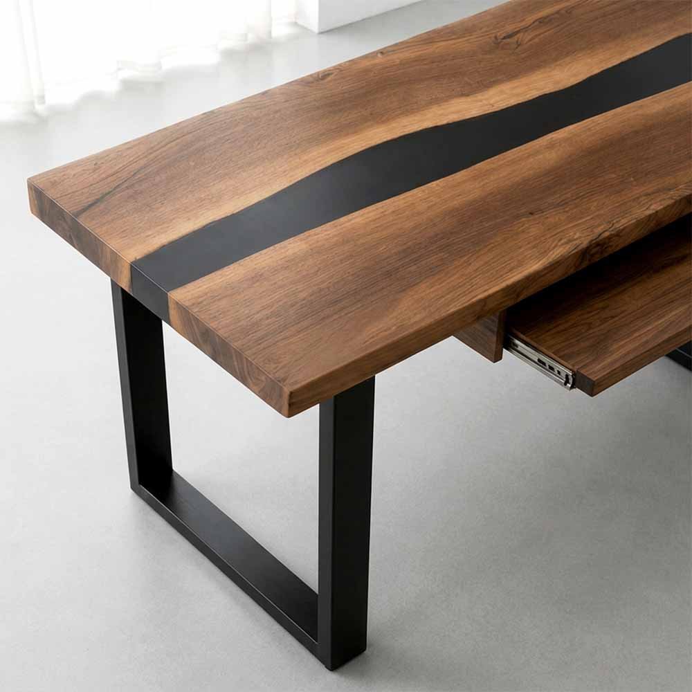 Walnut Executive Office Desk with Black Epoxy Resin Inlay | ECT-359 - Elitecustomtable