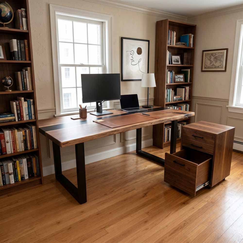 Walnut Executive Office Desk with Black Epoxy Resin Inlay | ECT-359 - Elitecustomtable