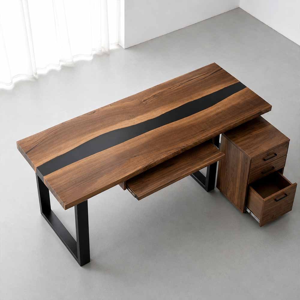 Walnut Executive Office Desk with Black Epoxy Resin Inlay | ECT-359 - Elitecustomtable