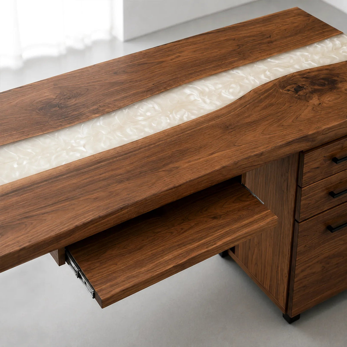 Walnut White Pearl Epoxy Executive Office Desk with Storage | ECT-370 - Elitecustomtable