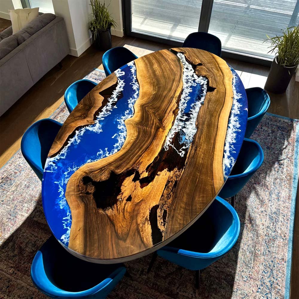 Walnut Wood with Blue and White Ocean Wave Epoxy Resin Oval Dining & Cofffee Table ECT - 169 - Elitecustomtable