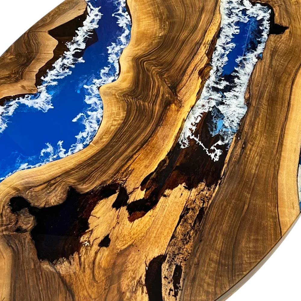 Walnut Wood with Blue and White Ocean Wave Epoxy Resin Oval Dining & Cofffee Table ECT - 169 - Elitecustomtable