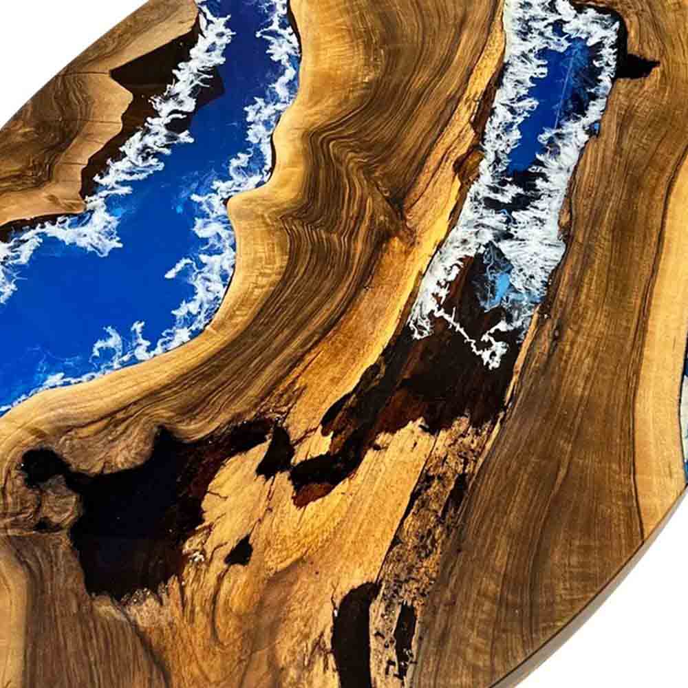Walnut Wood with Blue and White Ocean Wave Epoxy Resin Oval Dining & Cofffee Table ECT - 169 - Elitecustomtable