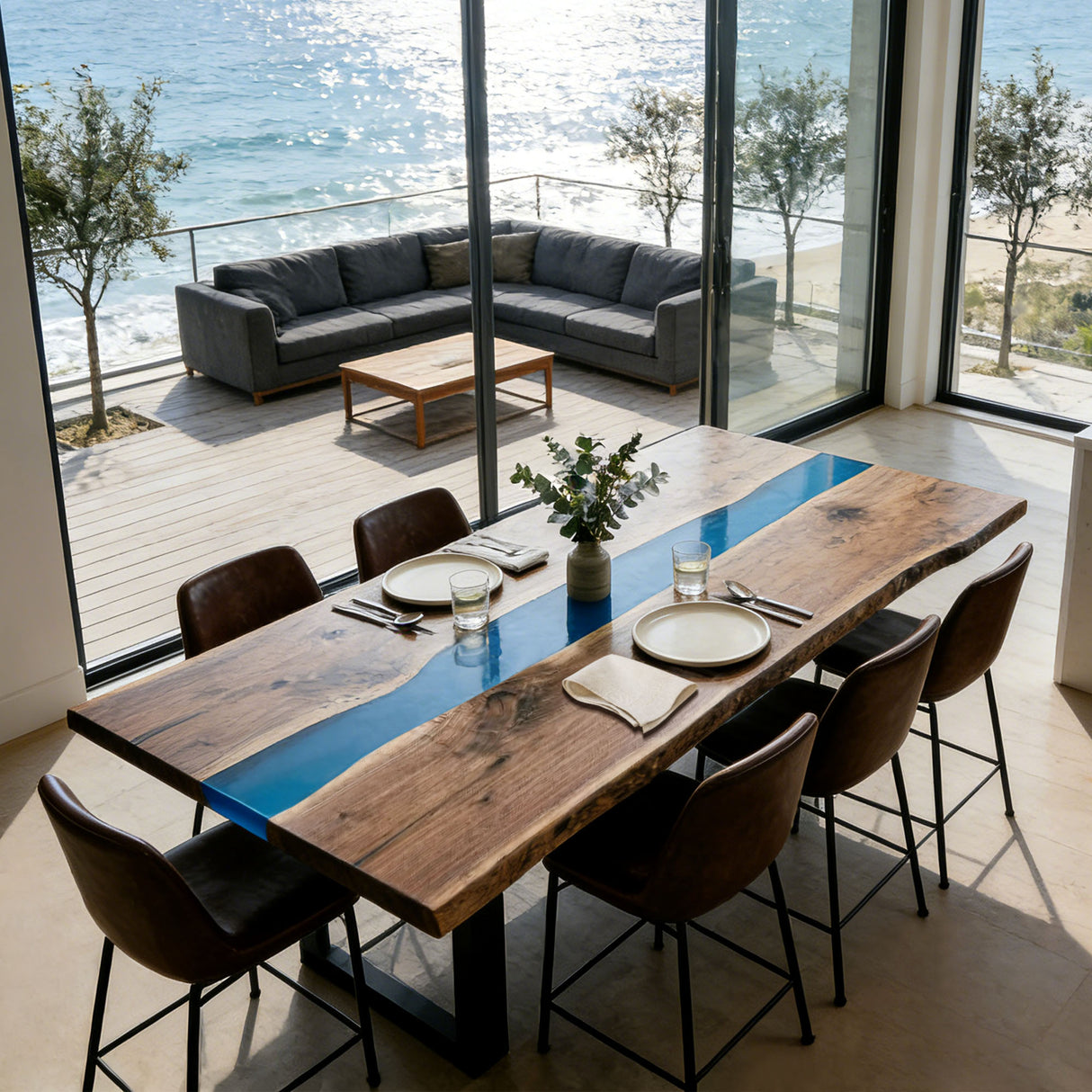 Elite Walnut Straight Edge Blue Epoxy River Dining Table – Handcrafted Ocean Resin Tabletop ECT-285