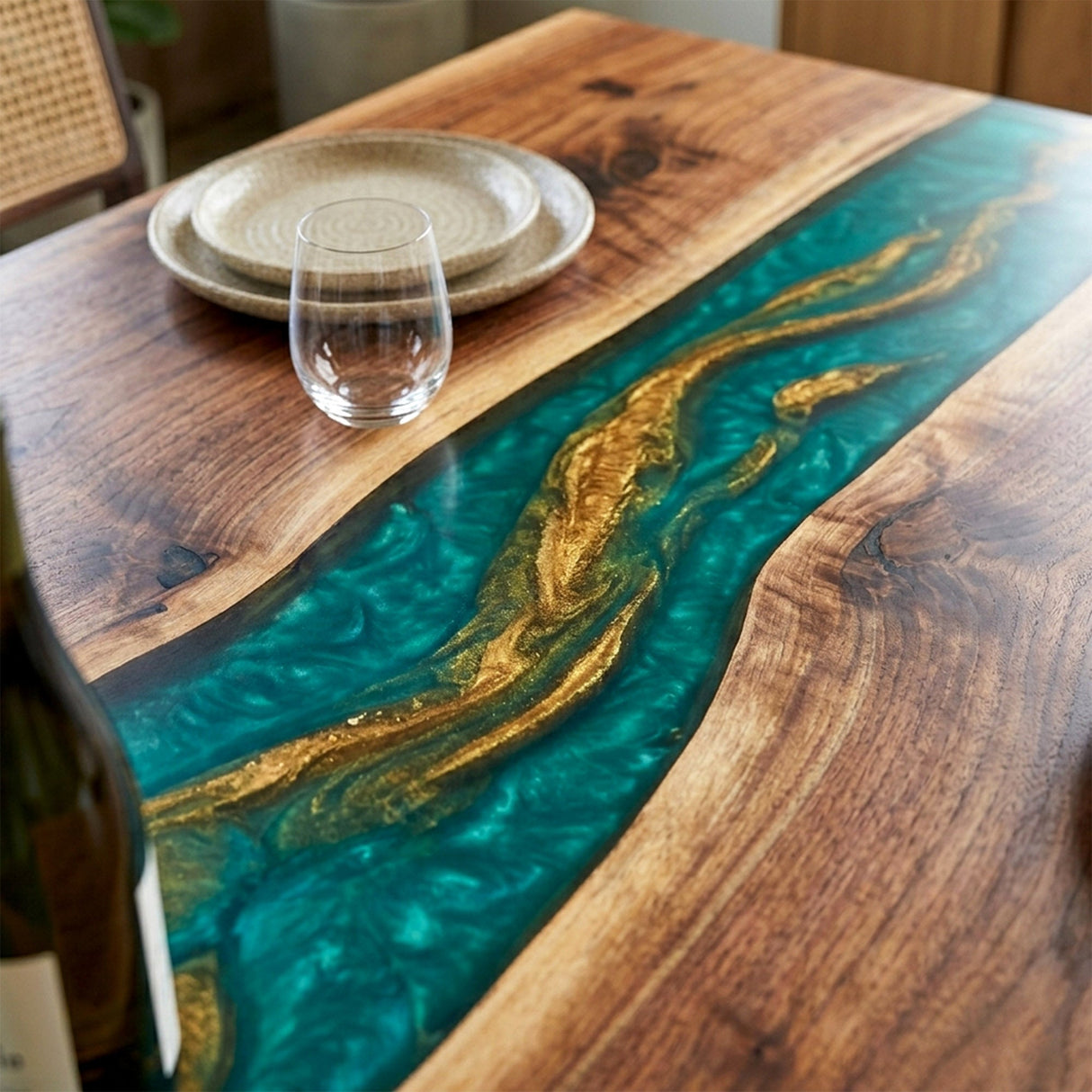 Waterfall Epoxy Table Walnut Malachite Gold Rectangular Straight Edge Dining Table ECT - 311 - Elitecustomtable