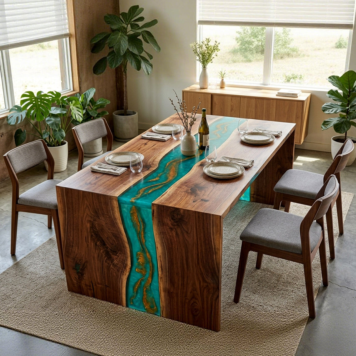 Waterfall Epoxy Table Walnut Malachite Gold Rectangular Straight Edge Dining Table ECT - 311 - Elitecustomtable