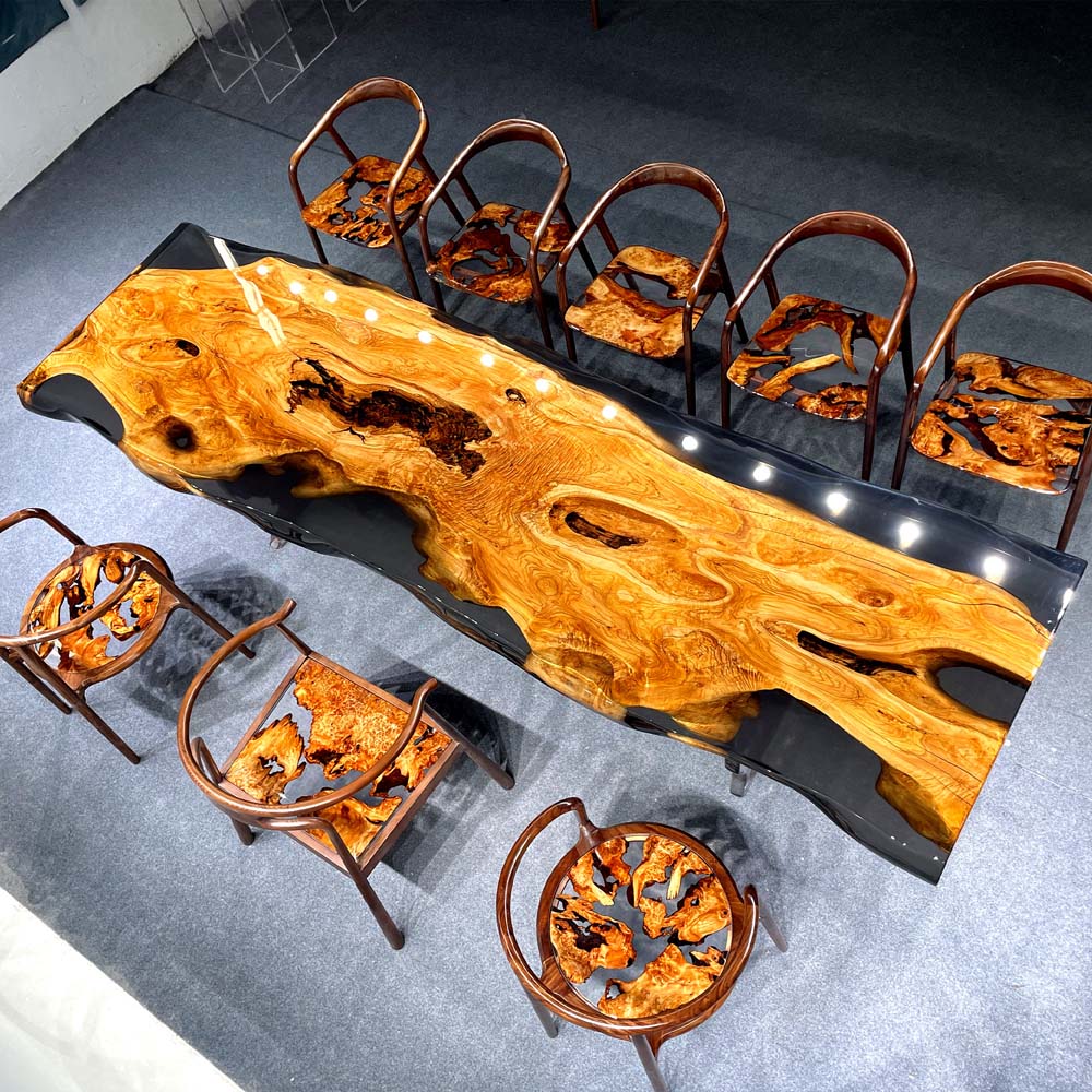 wood table with resin river