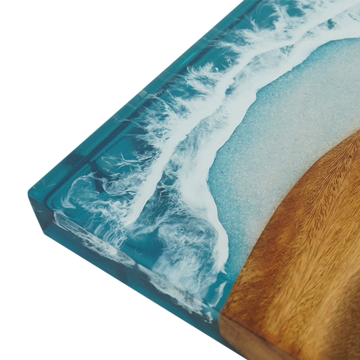 A stunning straight-edge resin table with a natural wood grain pattern merging into a blue resin section resembling ocean waves