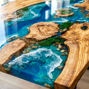 Ocean Epoxy Table Olive Wood Archipelago Blue Rectangular Straight Edge Dining Table ECT-318