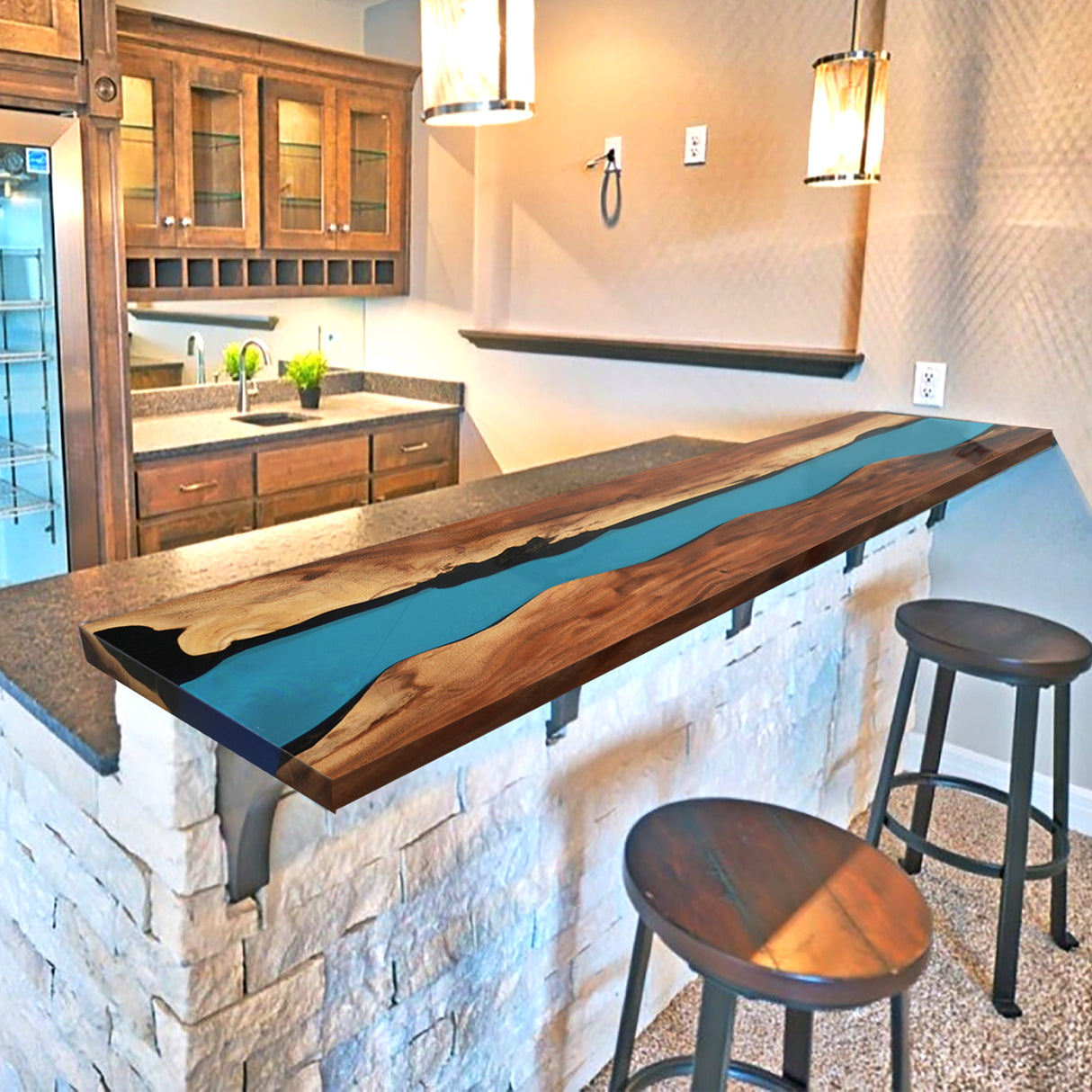 Elite Custom Rustic Walnut Counter and Bar Table with Blue Resin Stream ECT-36