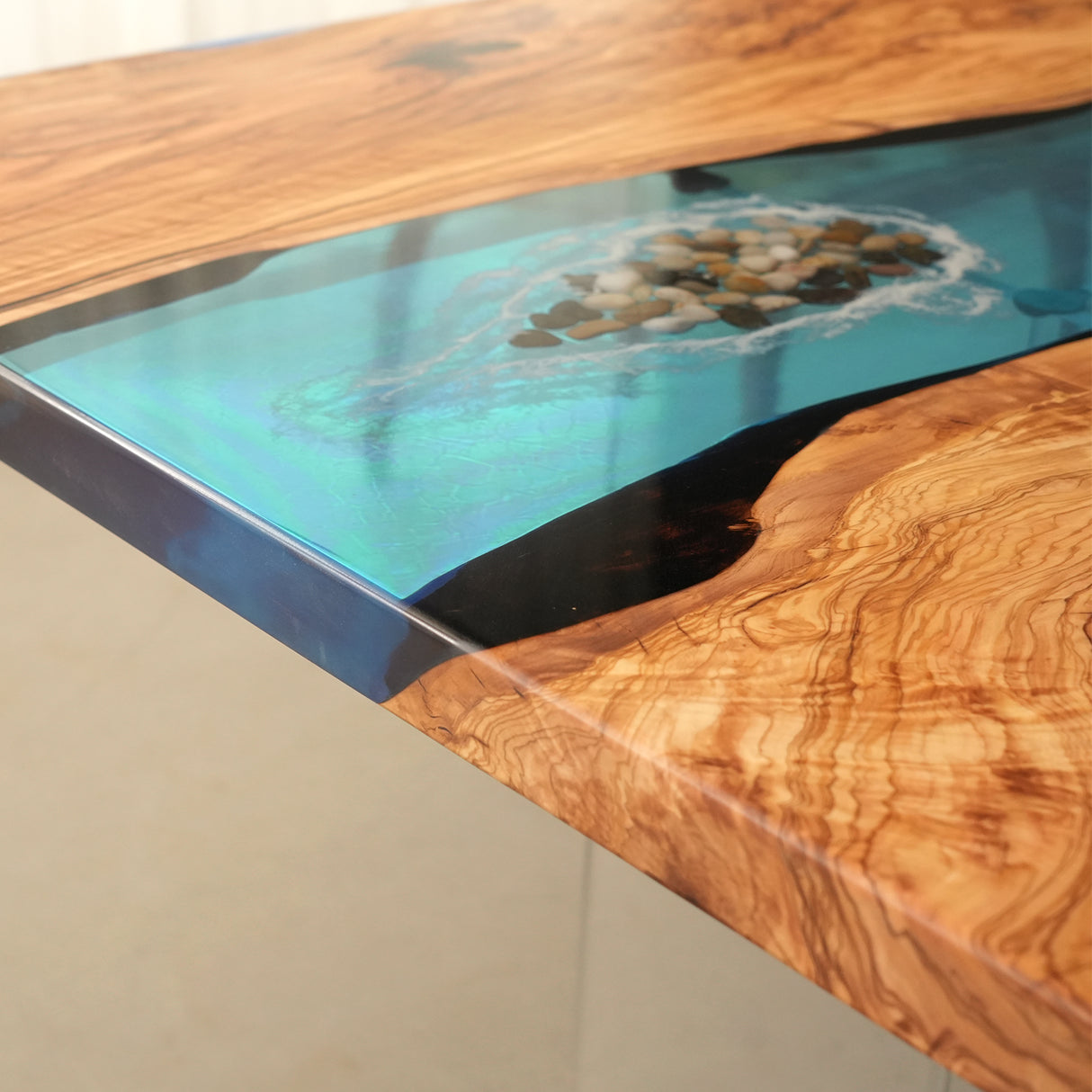 RiverFlow Walnut Wood & Transparent Blue Epoxy Dining Table ECT-125