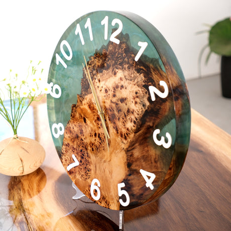 Elite Burl Wood Teal Epoxy Resin Wall Clock - 16''