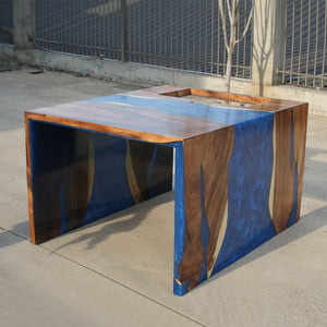 In-Stock Walnut & Pearl Blue Epoxy Resin Reception Desk 60" × 49" × 35"H