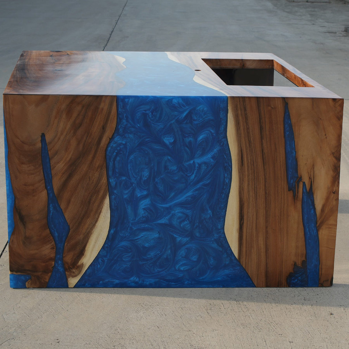 In-Stock Walnut & Pearl Blue Epoxy Resin Reception Desk 60" × 49" × 35"H