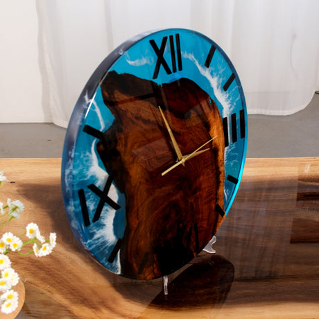 Elite Wood Ocean Wave Blue Epoxy Resin Wall Clock - 16''