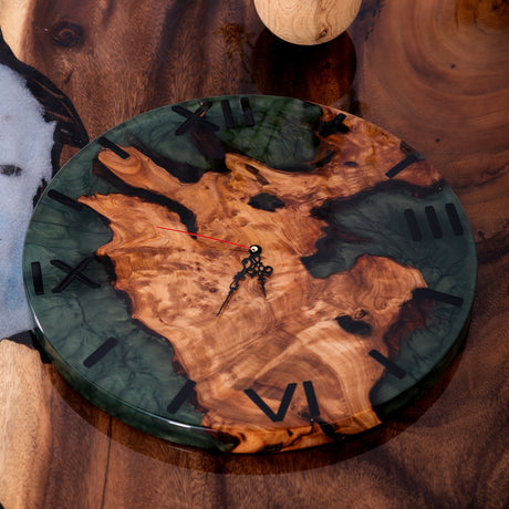 Elite Burl Wood Green Epoxy Resin Wall Clock - 16''